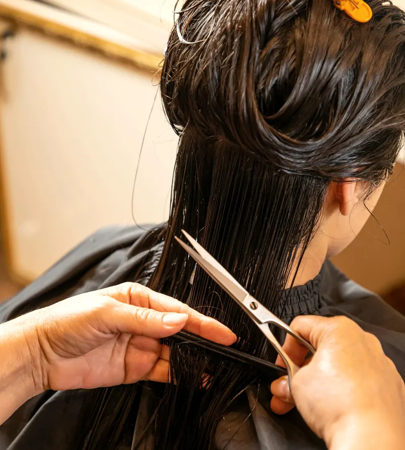Coiffeuse qui coupe des cheveux bruns mouillés aux ciseaux