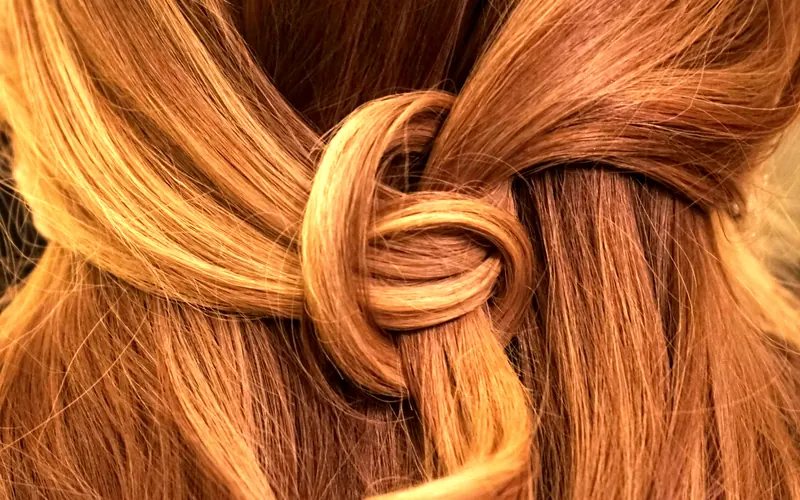 Coiffure attachée sur cheveux auburn, mèches nouées
